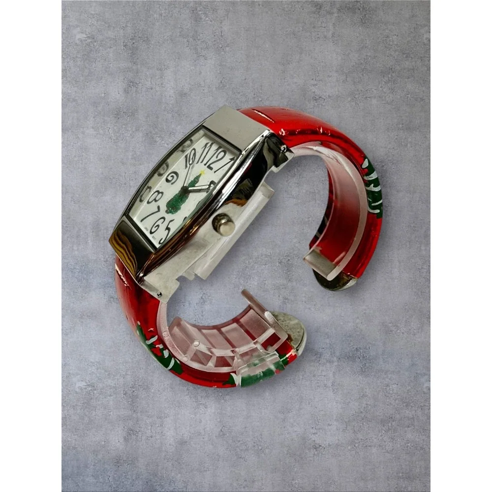 Accutime Christmas Tree Cuff Watch Womens Red Silver Fair Holiday Novelty
